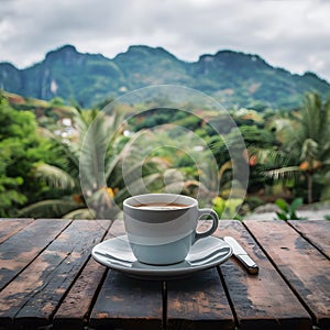 Brown wooden table with blurred tropical mountain landscape