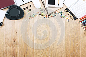 Brown wooden table top with objects