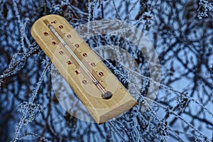 A wooden thermometer lies on the branches of plants in frost and snow