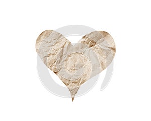Brown wrinkle paper texture in heart shape patterns isolated on white background , clipping path handmade
