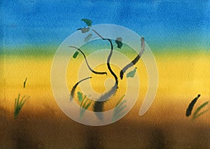 Brown, yellow and blue watercolor hand drawn abstract background with painted tree