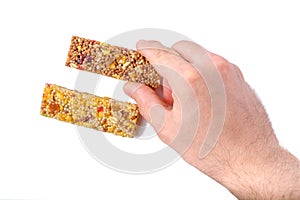 Brown or yellow granola bar isolated on white background