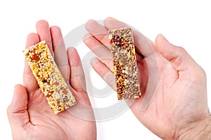 Brown or yellow granola bar isolated on white background