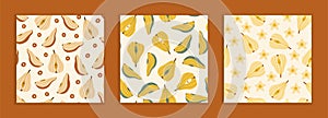 Brown and yellow pears. Wholes and pieces of fruit. Set of seamless patterns on a beige background. Three drawn patterns in flat