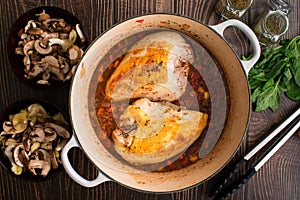 Browned Chicken Breasts and Tomato Sauce in a Dutch Oven