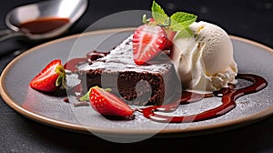 Brownie Cake Bliss with Vanilla Ice Cream and Fresh Strawberries. Generative AI