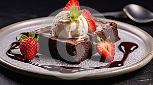 Brownie cake with a scoop of vanilla ice cream and strawberries. Generative AI