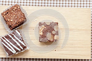 Brownie cake on wooden plate