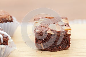 Brownie cake on wooden plate