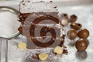 Brownie. Chocolate cakes with macadamia