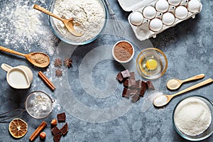 Brownie dough preparation cookie or pie recipe ingridients, sweet food flat lay top view