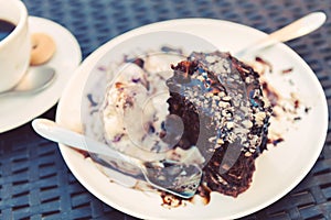 Brownie with icecream. sweet and dessert. a piece of cake