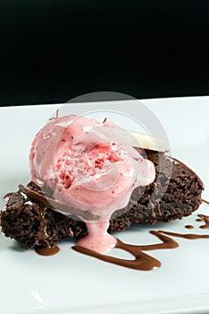 Brownie With Raspberry Icecream Melting