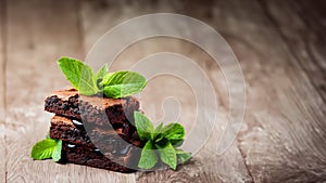 brownies stacked with creamy chocolate syrup and mint on the top