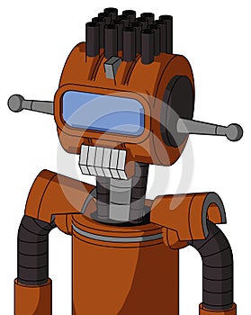 Brownish Droid With Multi-Toroid Head And Teeth Mouth And Large Blue Visor Eye And Pipe Hair