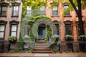 brownstone house with ivy-covered walls