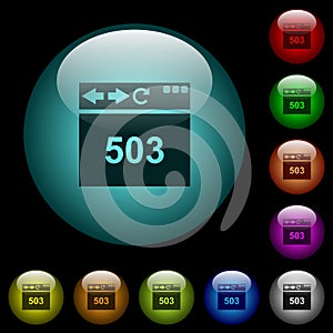Browser 503 Service Unavailable icons in color illuminated glass buttons