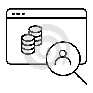 Browser, coins with search thin line icon. User and money vector illustration isolated on white. Browser and user with