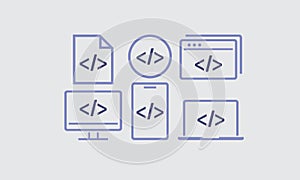 Browser Computer laptop app program code development icon, coding screen. IT technology, website button,, software