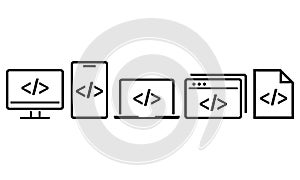 Browser Computer laptop app program code development icon, coding screen. IT technology, website button,, software