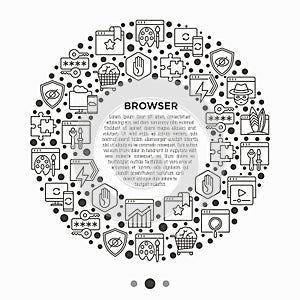 Browser concept in circle with thin line icons: add-ons, extension, customize browser, sync between devices, bookmark, private, ad