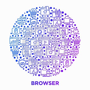 Browser concept in circle with thin line icons: add-ons, extension, customize browser, sync between devices, bookmark, private, ad photo