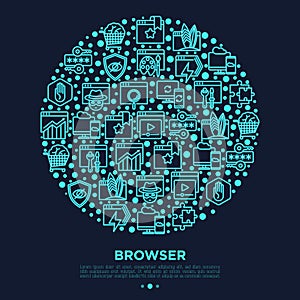 Browser concept in circle with thin line neon icons: add-ons, extension, customize browser, sync between devices, bookmark, photo