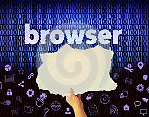 Browser, hands holding blank paper