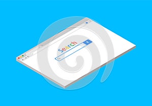 Browser isometric window. Search bar in computer. Internet page with interface. Web site on blank screen. Desktop for laptop,