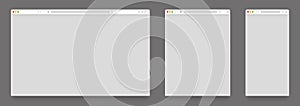 Browser mockups. Empty computer tablet and mobile web page templates, blank website frames on different devices. Vector