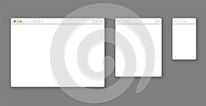 Browser mockups. Website different devices web window mobile screen internet flat template empty page network row set
