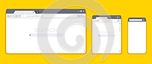 Browser mockups. Website interface for different devices, empty laptop tablet and mobile internet page. Vector browser