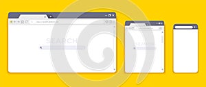 Browser mockups. Website interface for different devices, empty laptop tablet and mobile internet page. Vector browser photo