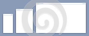 Browser mockups. Website window for different devices as desktop computer or laptop, tablet and mobile screen.
