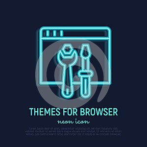 Browser settings neon thin line icon: wrench and screwdriver on web page. Modern vector illustration