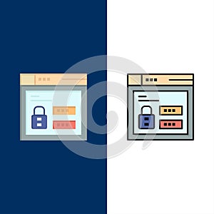 Browser, Web, Lock, Code  Icons. Flat and Line Filled Icon Set Vector Blue Background