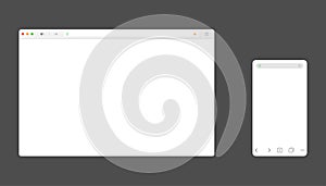 Browser window for computer and mobile. Mockup of web site screen. Template of browser for laptop and smartphone in white simple,