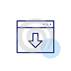 Browser window with downward arrow. Downloading online contend from web page. Pixel perfect vector icon