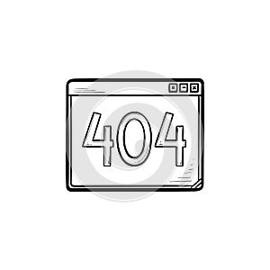 Browser window with inscription 404 error hand drawn outline doodle icon.