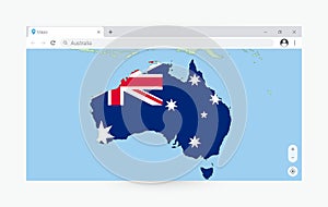 Browser window with map of Australia, searching  Australia in internet