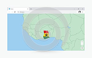 Browser window with map of Ghana, searching  Ghana in internet