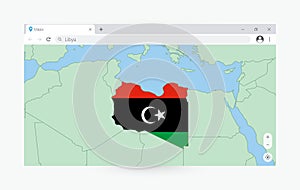 Browser window with map of Libya, searching  Libya in internet