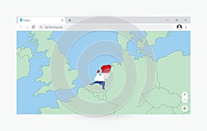 Browser window with map of Netherlands, searching  Netherlands in internet