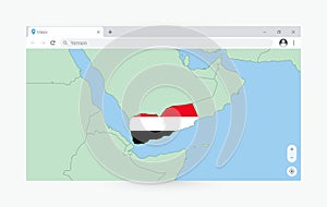 Browser window with map of Yemen, searching  Yemen in internet