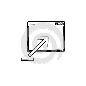Browser window with upload sign hand drawn outline doodle icon.