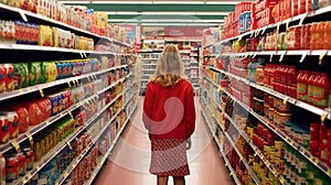 Browsing through the aisles. Rear view shot of a woman browsing through an aisle in a grocery store