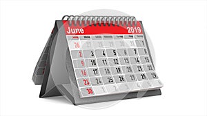 Browsing of the desktop calendar on white background. Isolated 3D render. 2019 year