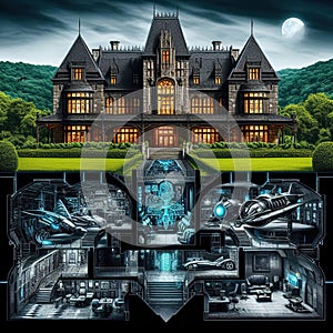 Bruce Wayne manor and below an x-ray vision of the Batman Batcave.