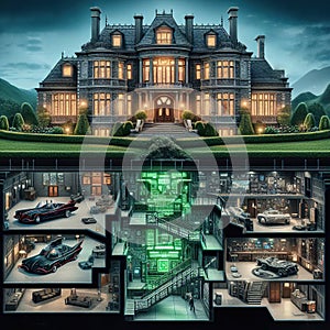 Bruce Wayne manor and below an x-ray vision of the Batman Batcave.