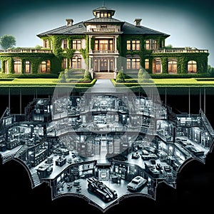 Bruce Wayne manor and below an x-ray vision of the Batman Batcave.